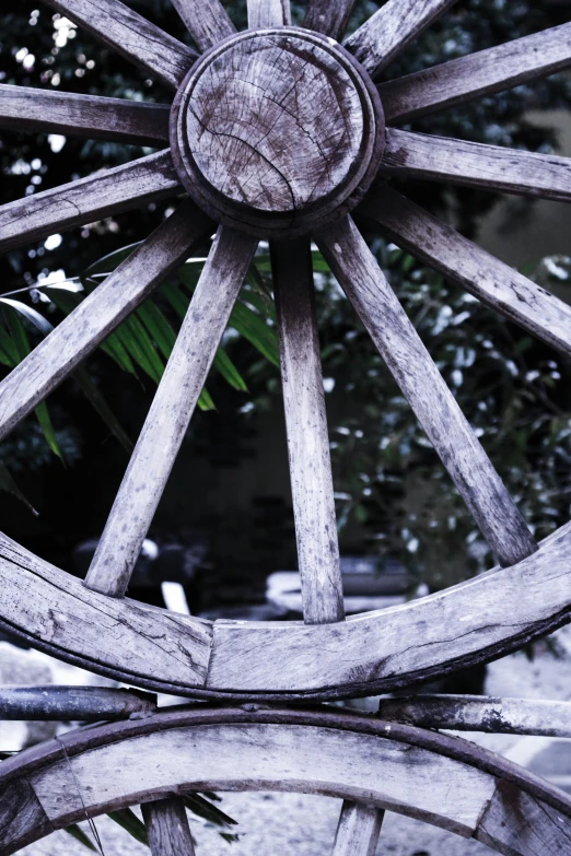 a large wooden wagon wheel in front of some plants