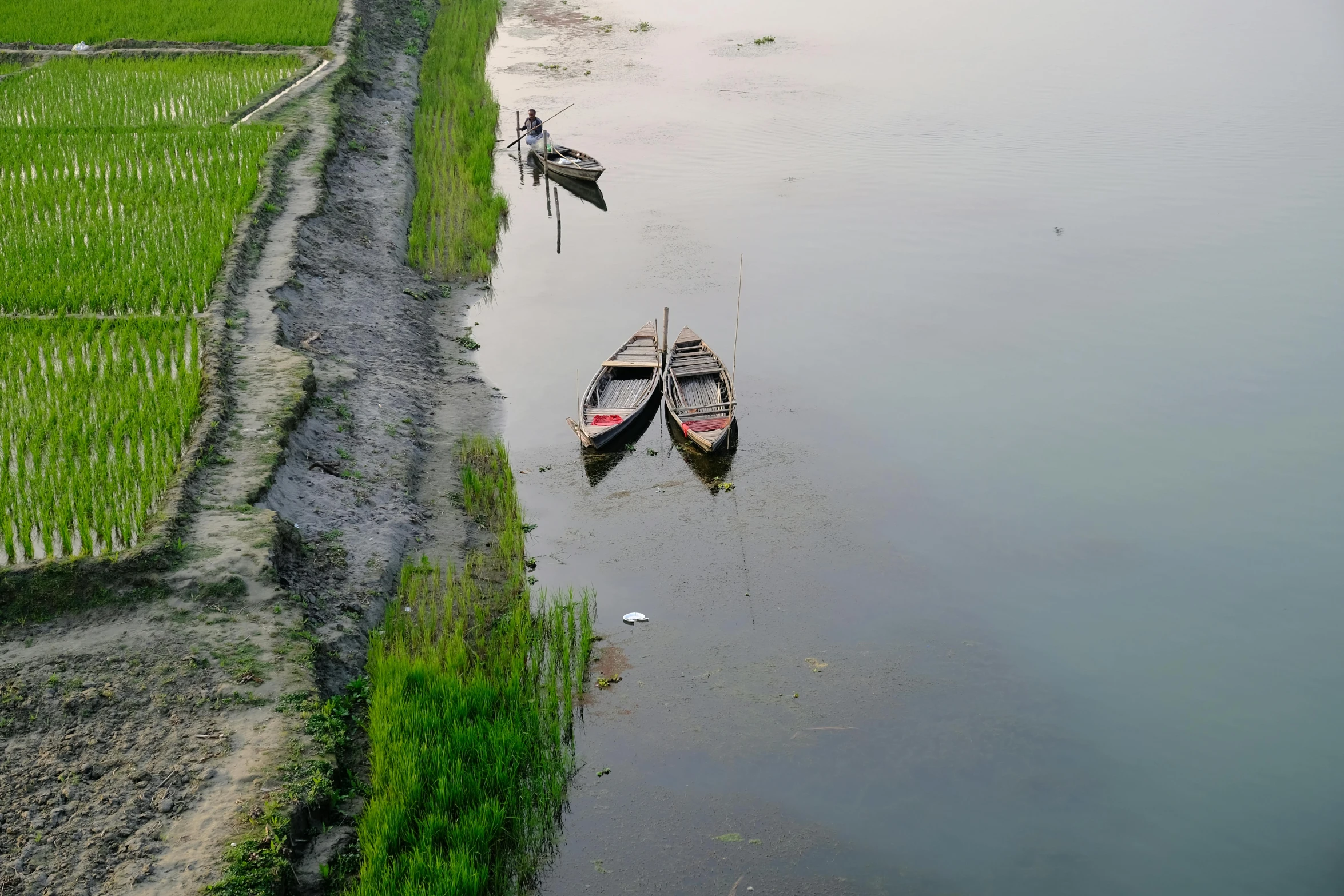 a couple of boats floating in a lake next to a grass field