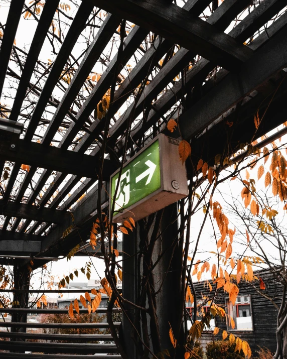 a green sign is hanging underneath an overpass