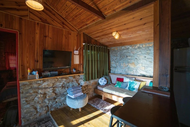 a living room with large windows in it