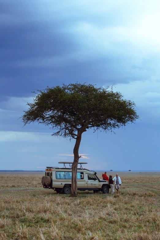 some people standing around under a small tree