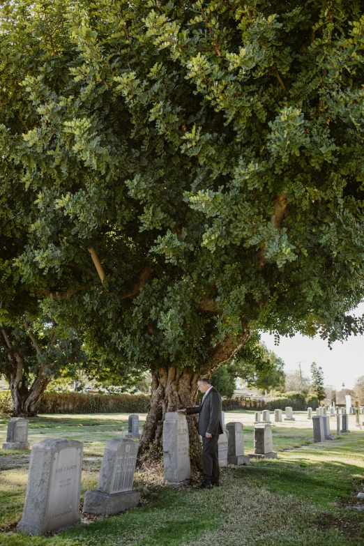 a man stands in the middle of a graveyard