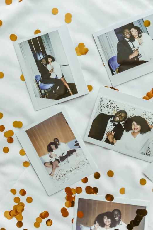 five polaroids of some sort, showing a couple in love