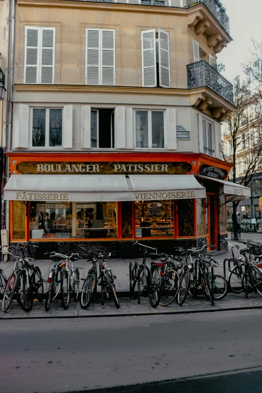 a bunch of bicycles are lined up in front of a store