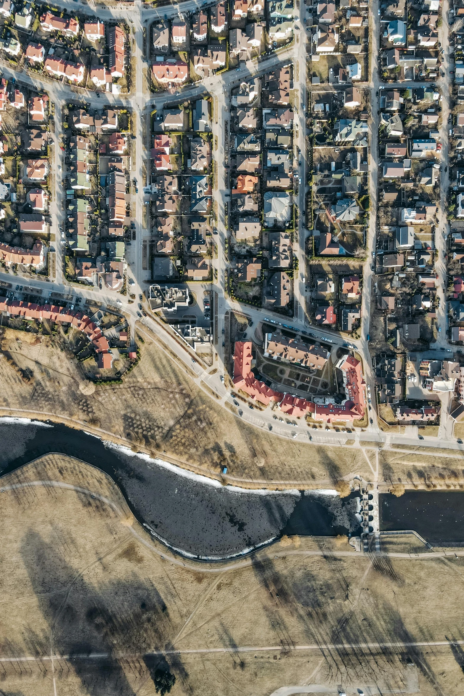 aerial pograph of street and buildings in the area