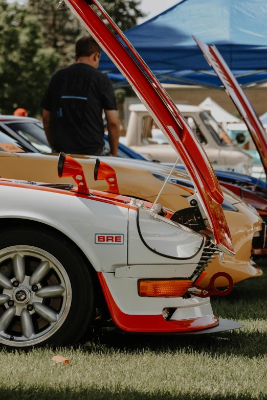 several cars are parked near the grass with one of them's hoods open