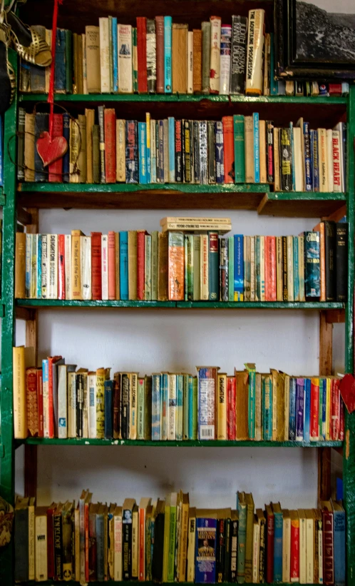 a shelf filled with books with several different books on it