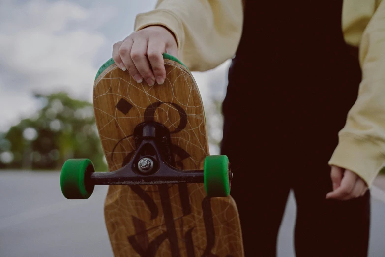 a close up view of someone holding on to their skateboard