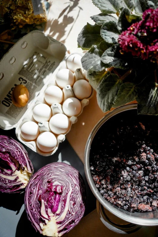 red cabbage, eggs, and sliced up onions sit on a table