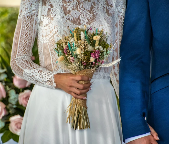the bride is holding a bouquet of flowers in her hands