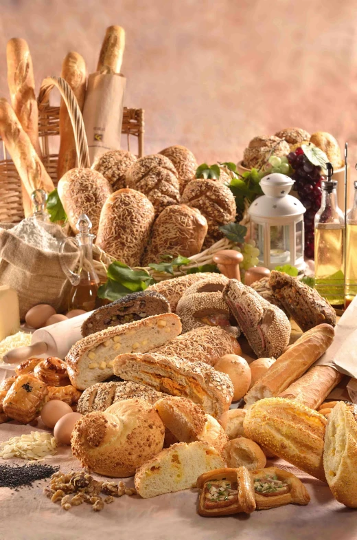 bread, eggs, er, and other breads sit on a table