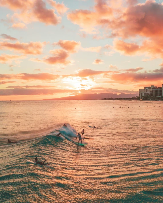 people in the water with surfboards in front of a sunset