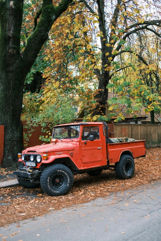 an old pickup truck sits next to a tree