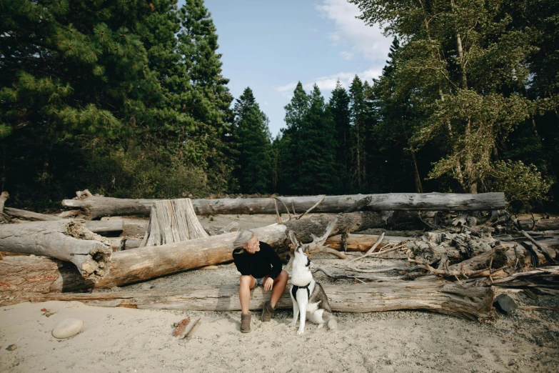 man squatting next to a dog in the sand near a fallen down tree