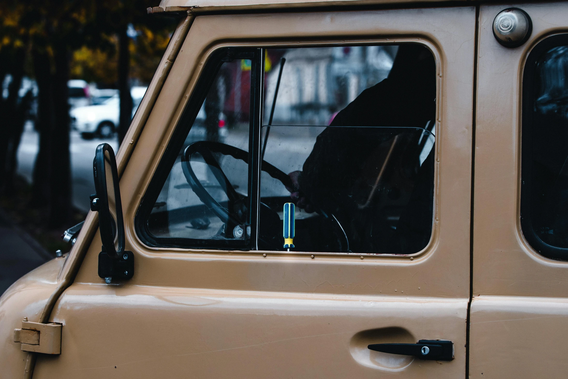 a close up of the front window of a truck