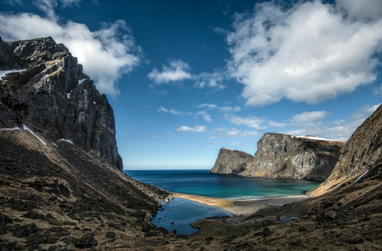 a view of the water between two mountains