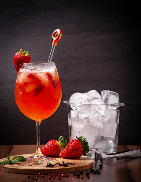 an ice water, strawberries, mints and a lollipop in a wine glass with a spoon