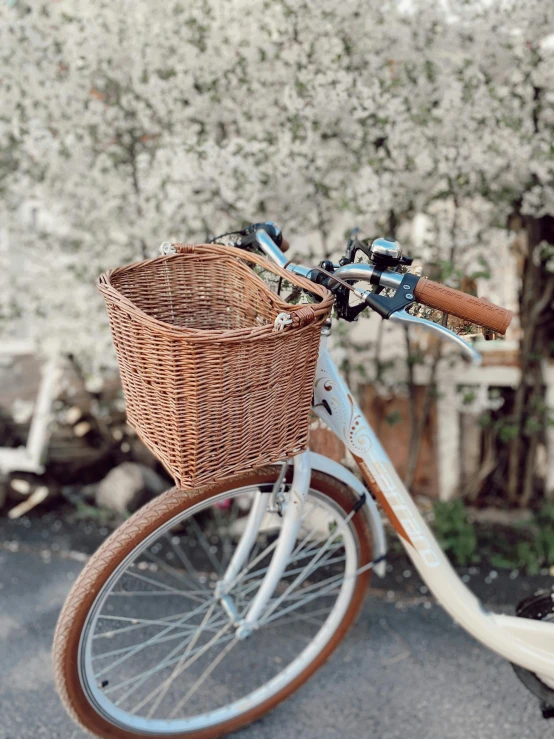 a white bicycle with a basket leaning up against a tree