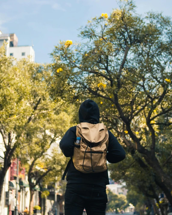 a man walking down the road with his back pack on