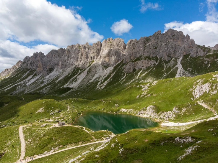 an alpine mountain is seen from above