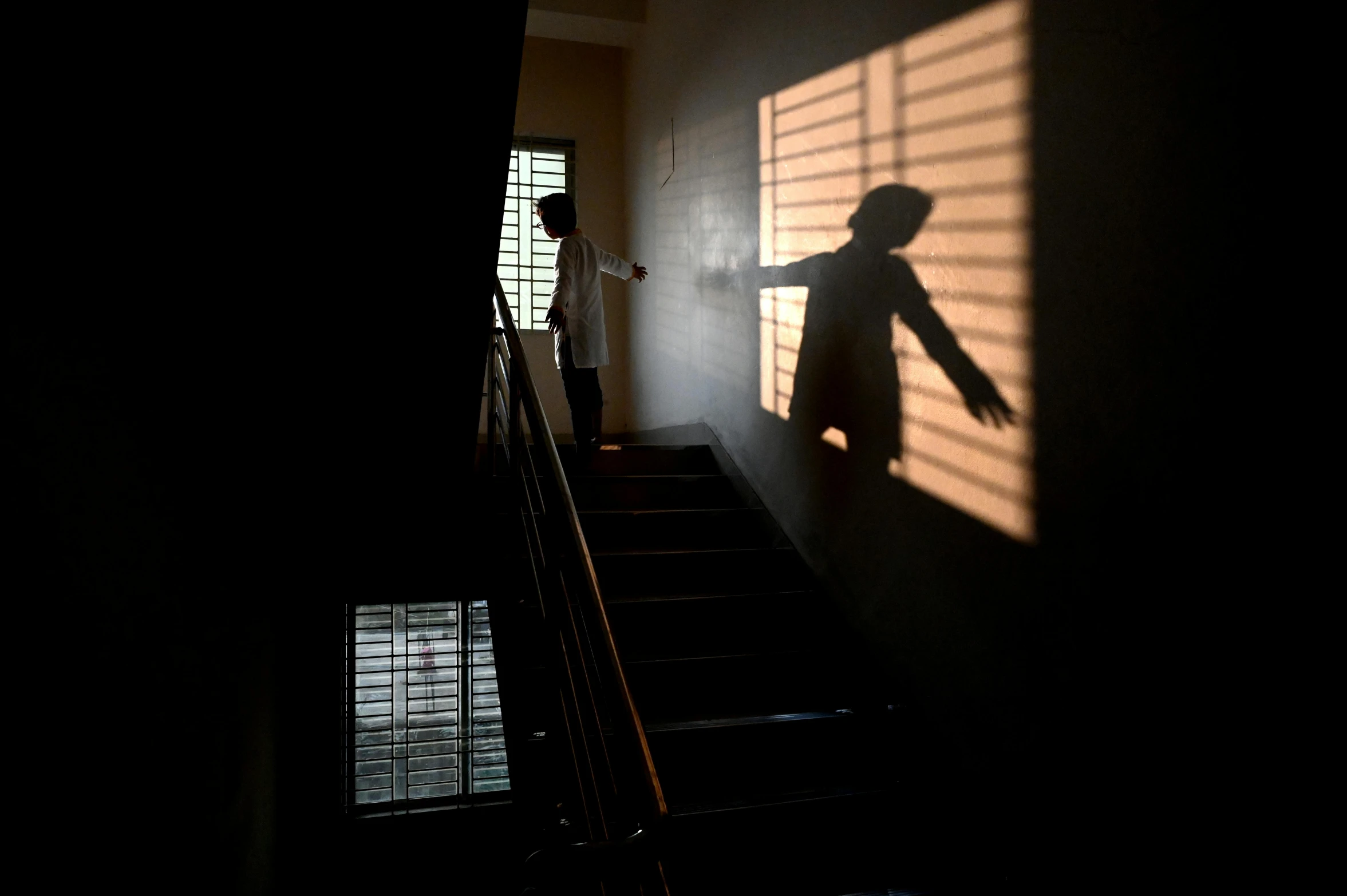 someone standing on some stairs casting shadows on the wall