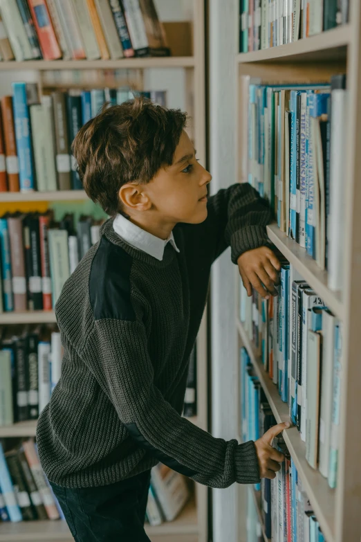 a  is looking at a bookshelf