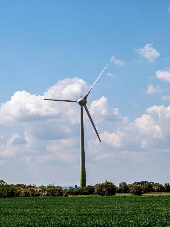 wind turbines in the background and a blue sky with clouds