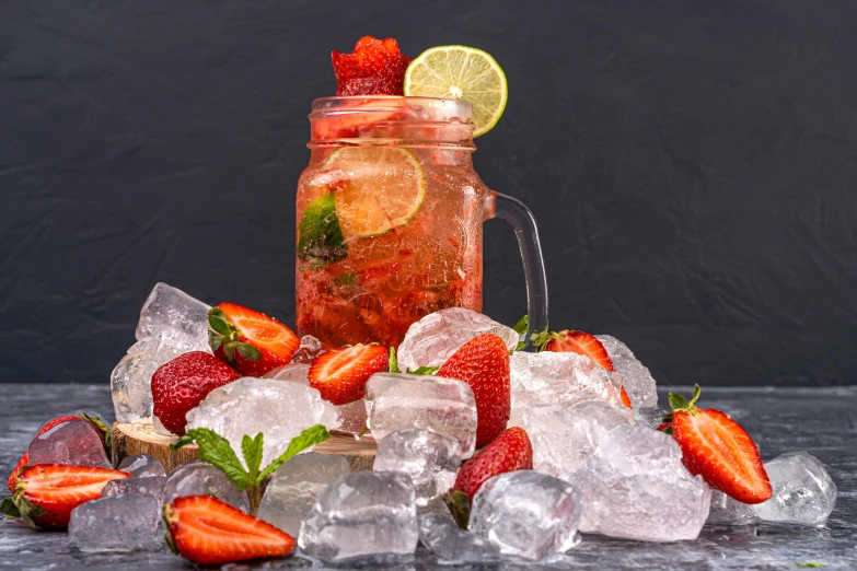 a drink with strawberries, lemons and ice