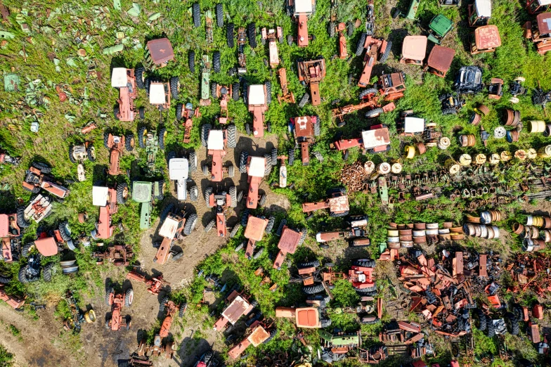 a bird's eye view of the roofs of many homes