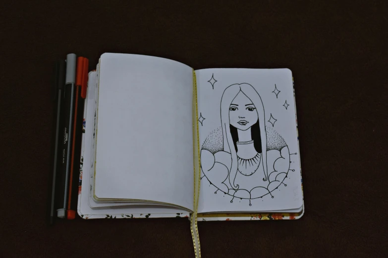 a book opened with writing on it with a drawing of a girl