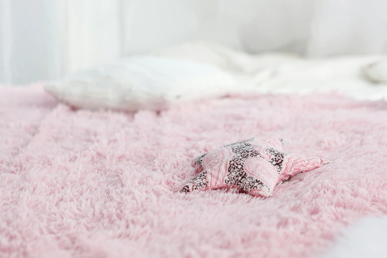 this is a pink fuzzy rug with a stuffed animal on it