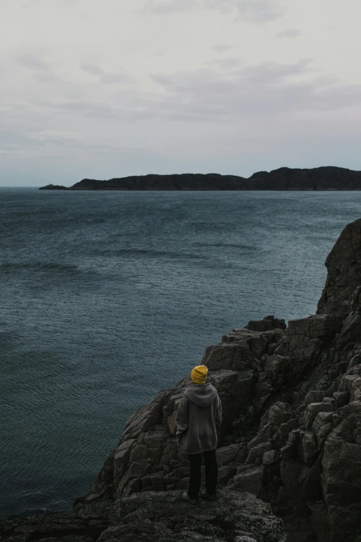 a man standing on a rock by the water