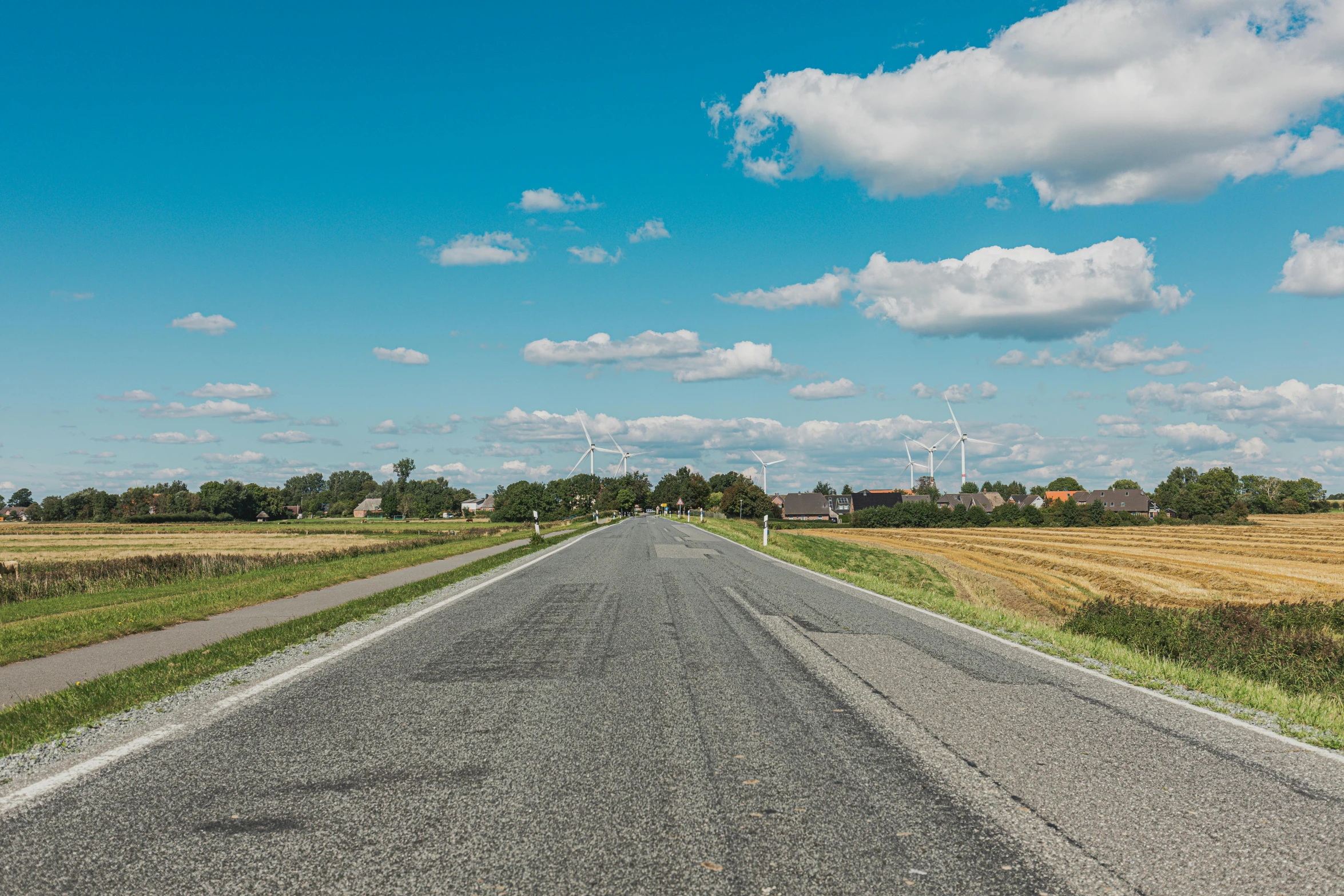 a street with a white stripe is in between a wheat field