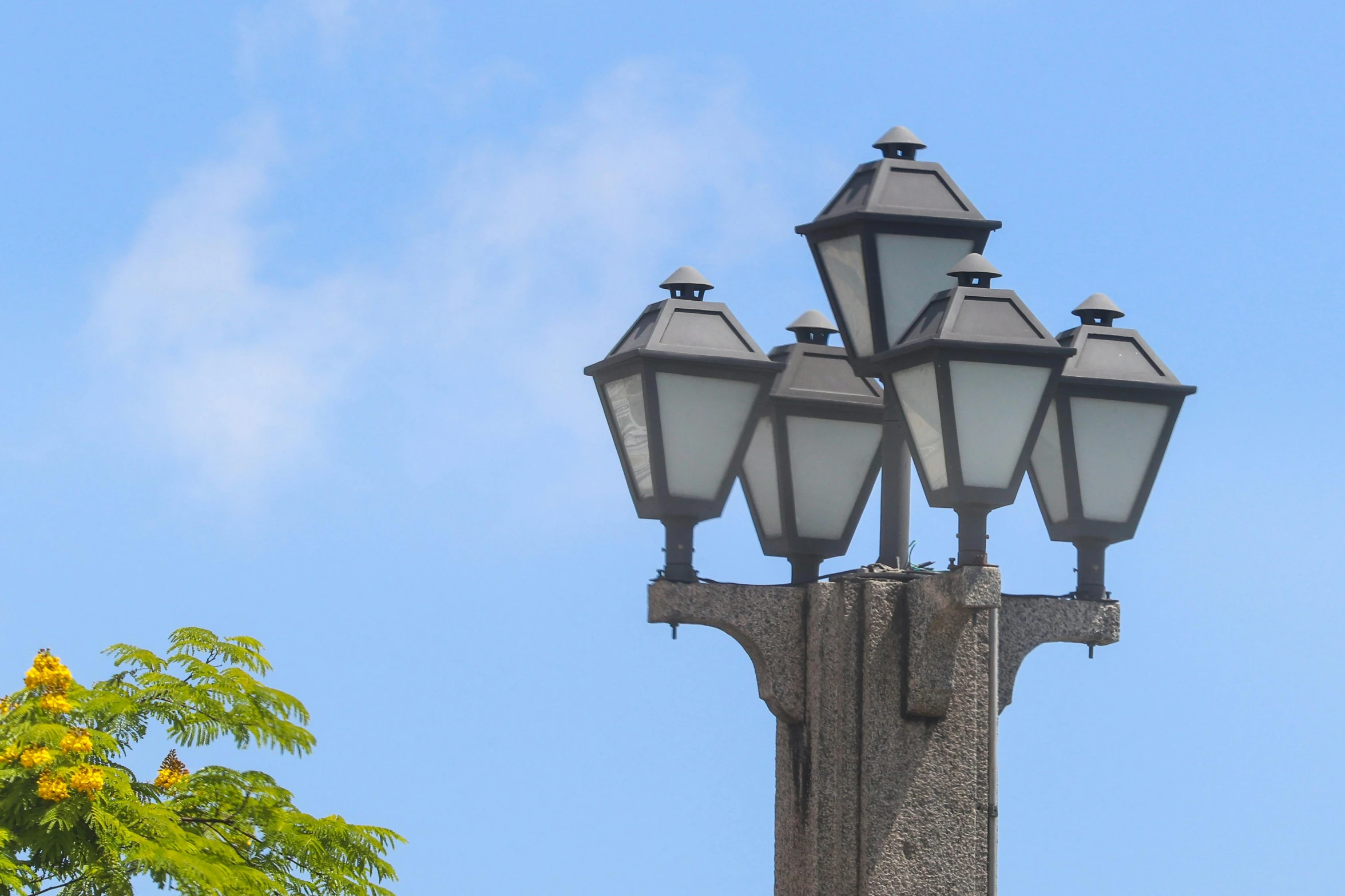 an ornate street light next to a tree