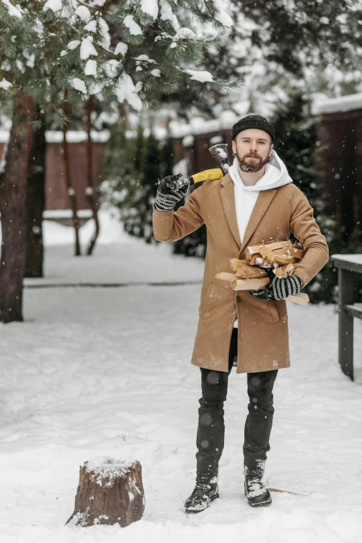 a man in a brown jacket holds some food