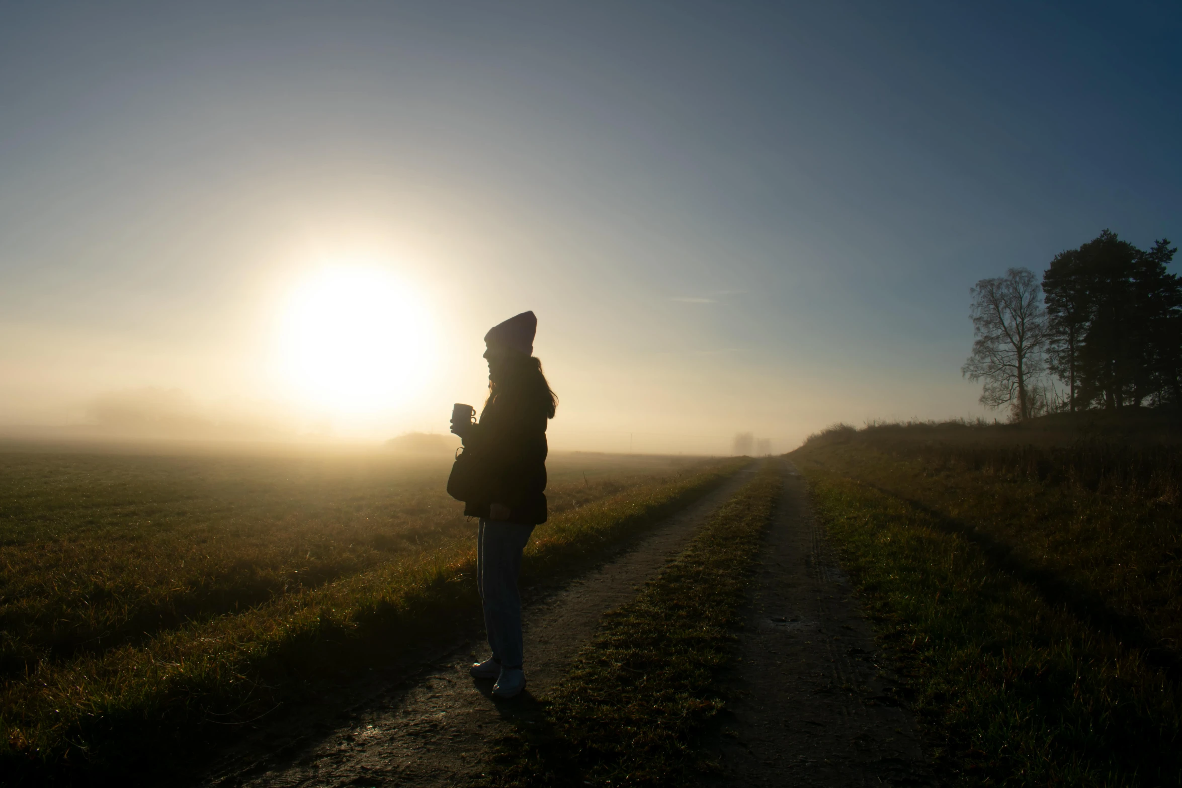 the sun setting over the horizon behind a lone woman