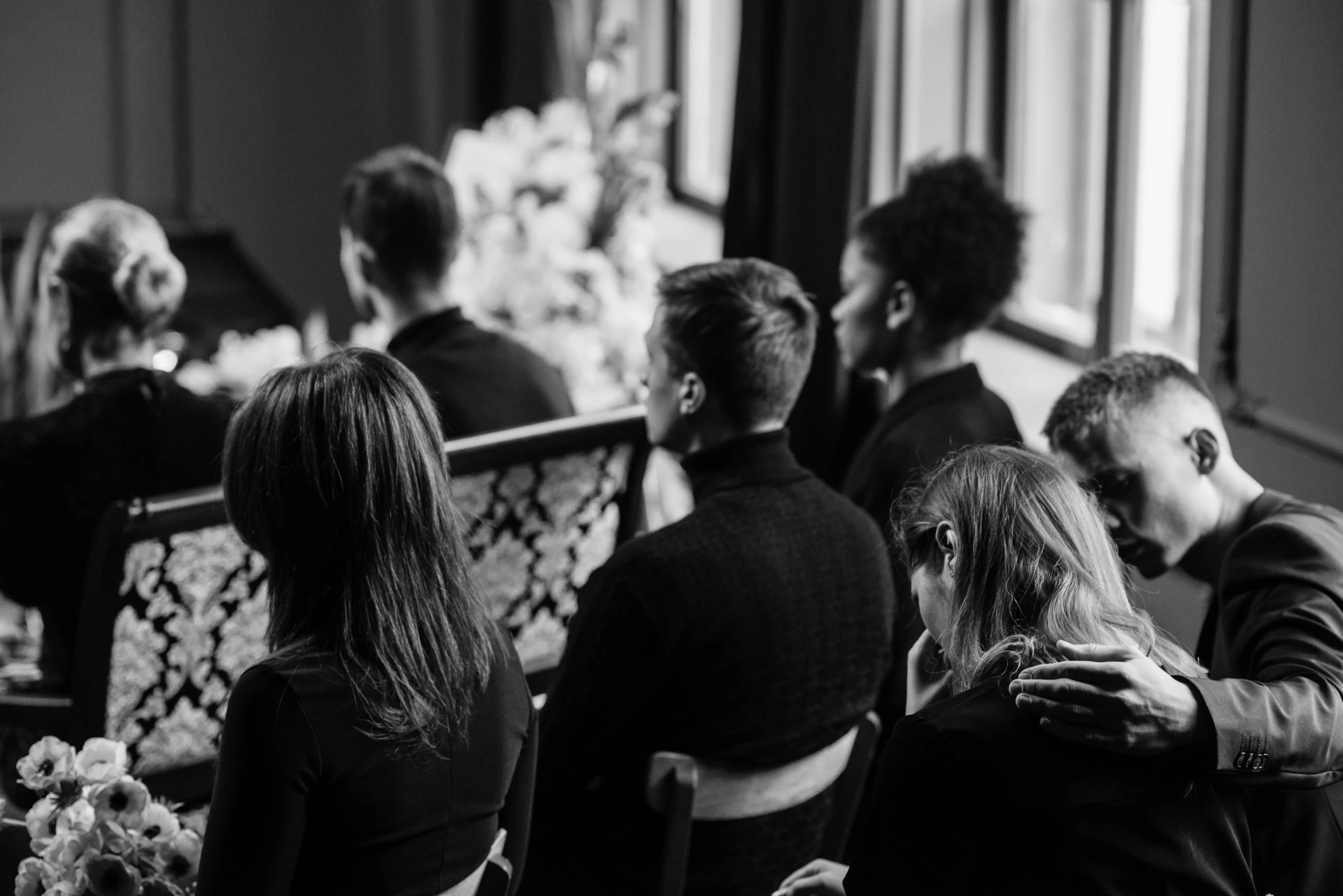 the wedding party waits for the bride