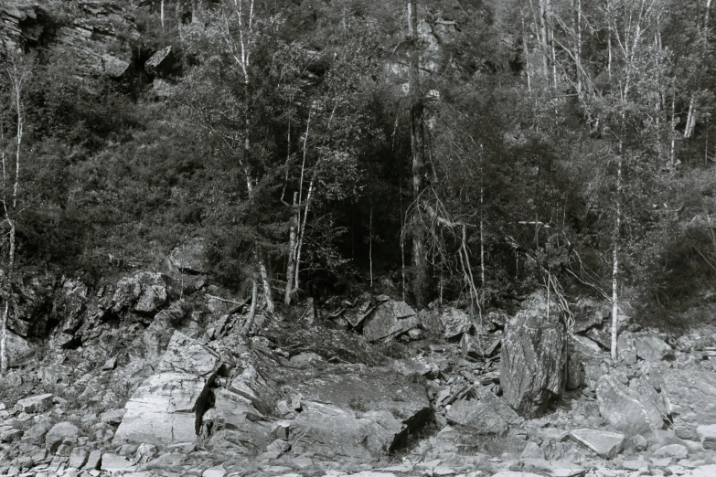 a black and white po of a boat coming out of a creek