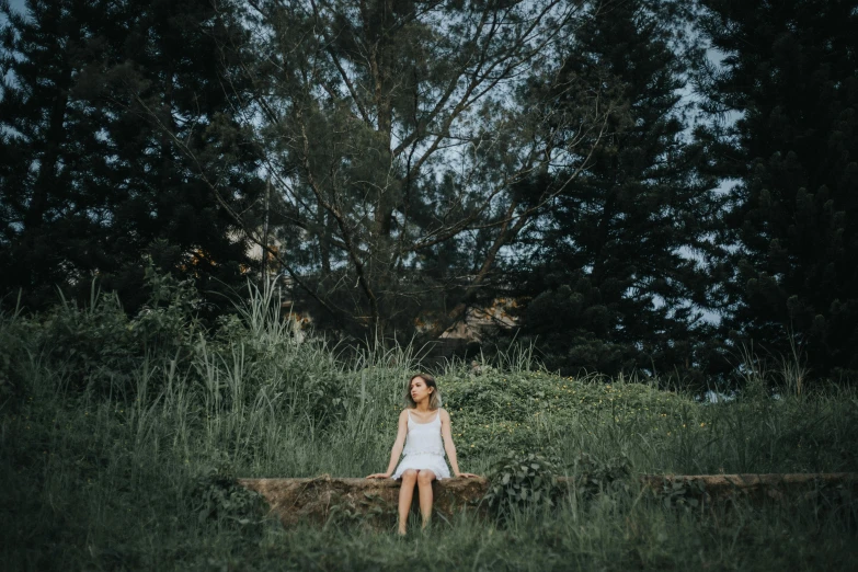 a girl is sitting on a log outside in the grass