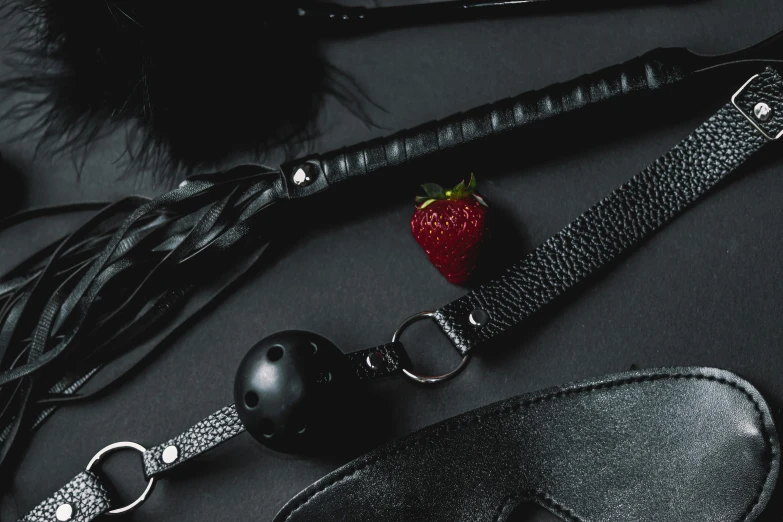 a leather purse with straps, whip cord and a strawberry