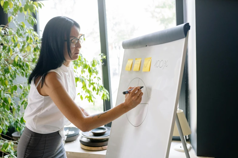 a woman standing near a white board in front of a plant