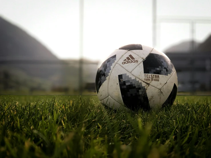 a close up of a soccer ball in the grass