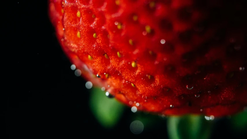 the closeup po shows the structure of a fresh strawberry