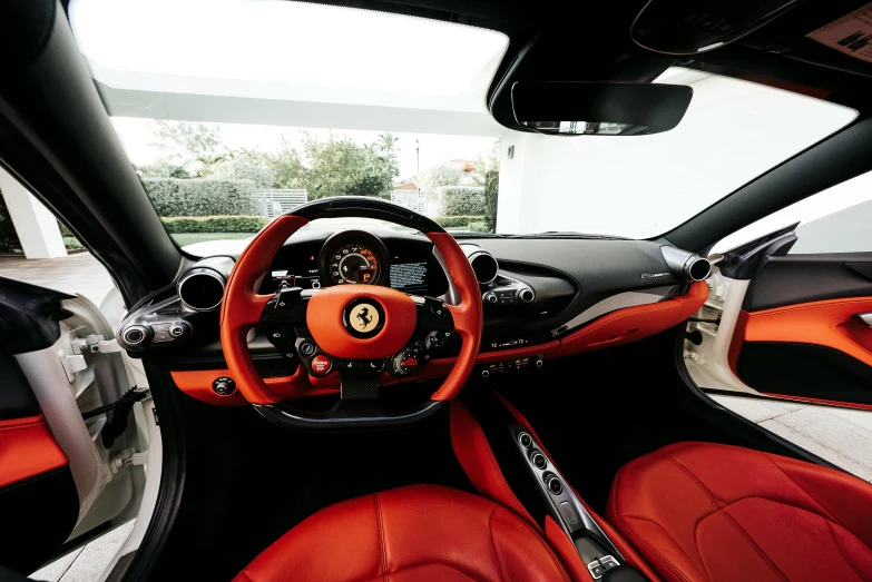 a car with an orange leather interior