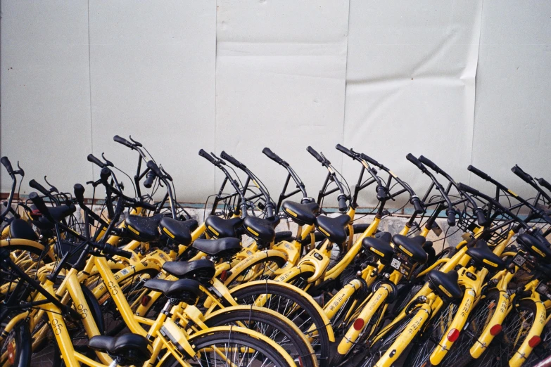 many yellow bicycles are lined up in a row