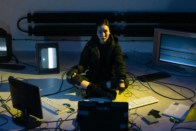 a woman in a dark room surrounded by several computers