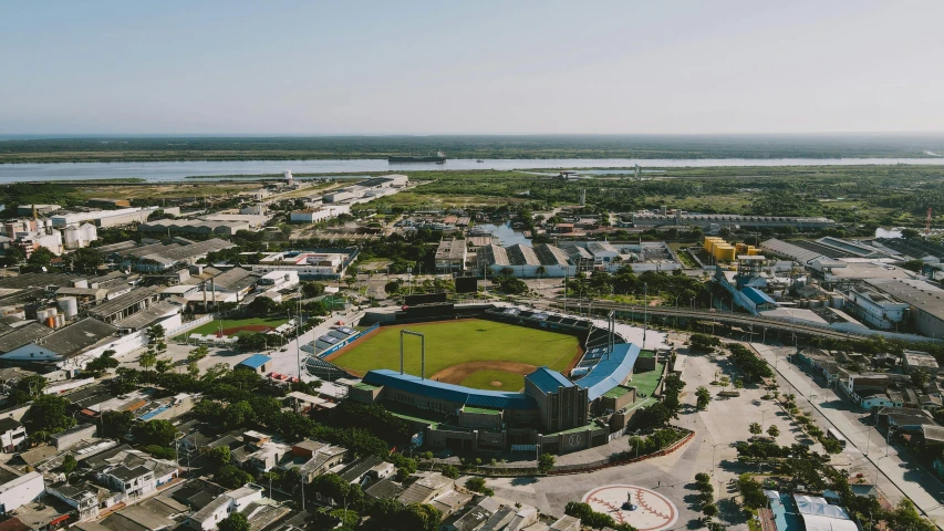 the base ball field is shown from an aerial view