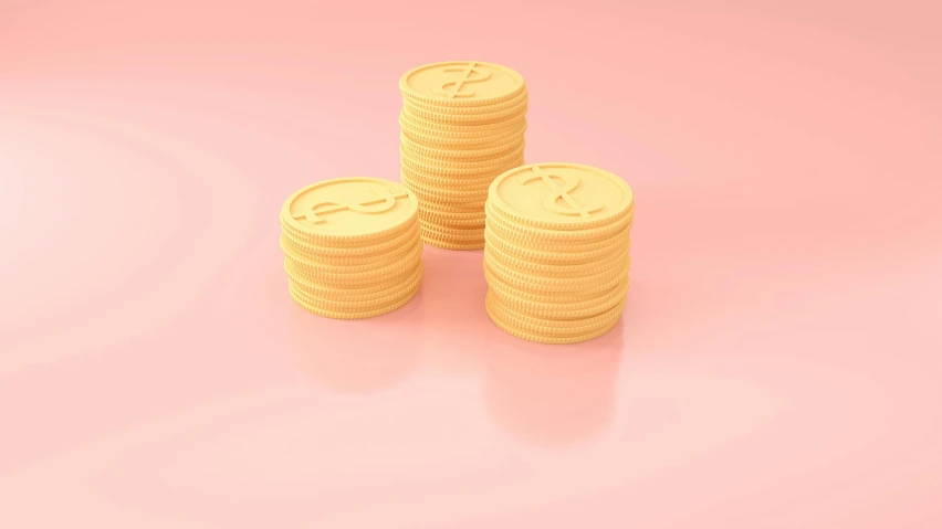 a stack of $ 1 coin against a pink background
