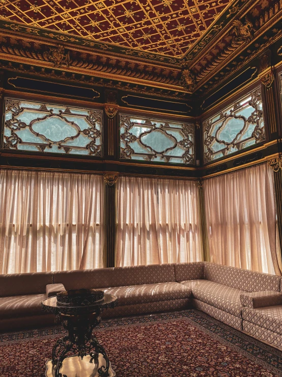 an elaborate ceiling in a living room