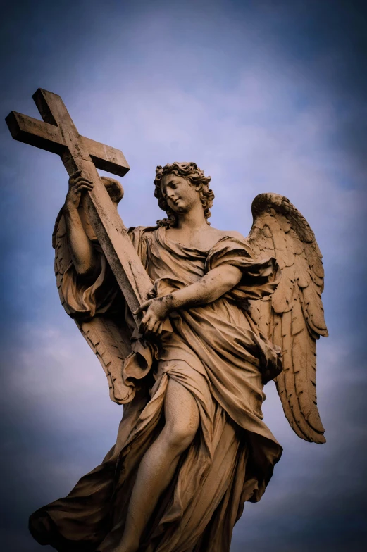 an angel holding the cross while walking up to the church